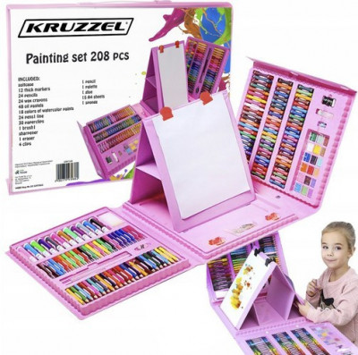 Set tabla desenat pentru copii, 208 piese, markere, creioane, acuarele, accesorii, multicolor foto