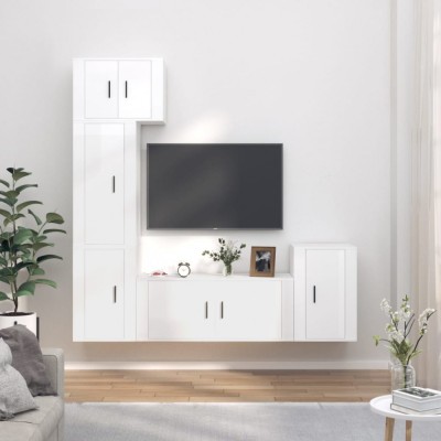 Set dulap TV, 5 piese, alb extralucios, lemn prelucrat foto