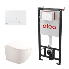 Set complet vas WC suspendat Fluminia, Alfonzo, alb, cu rezervor Alca și clapetă albă