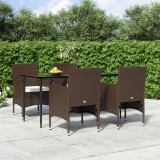 Set masa gradina vidaXL, 5 piese, maro &amp; negru, ratan, otel, sticla securizata, perne incluse, 160x80x74 cm