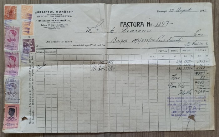 Factura Moliftul Dunarii, Societate in nume colectiv, Depozit cu Cherestea si Materiale de Constructie, Bucuresti 1942