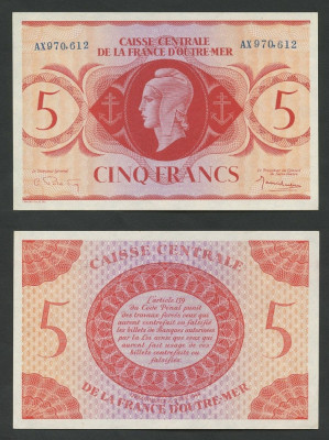 French Equatorial Africa █ bancnota █ 5 Francs █ 1944 █ P-15b █ UNC necirculata foto