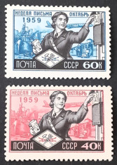 Rusia 1959 ziua internationala a Postei, Postas,serie 2v. Nestampilata foto