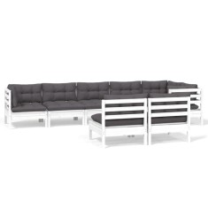 Set mobilier de gradina cu perne, 8 piese, alb, lemn masiv pin
