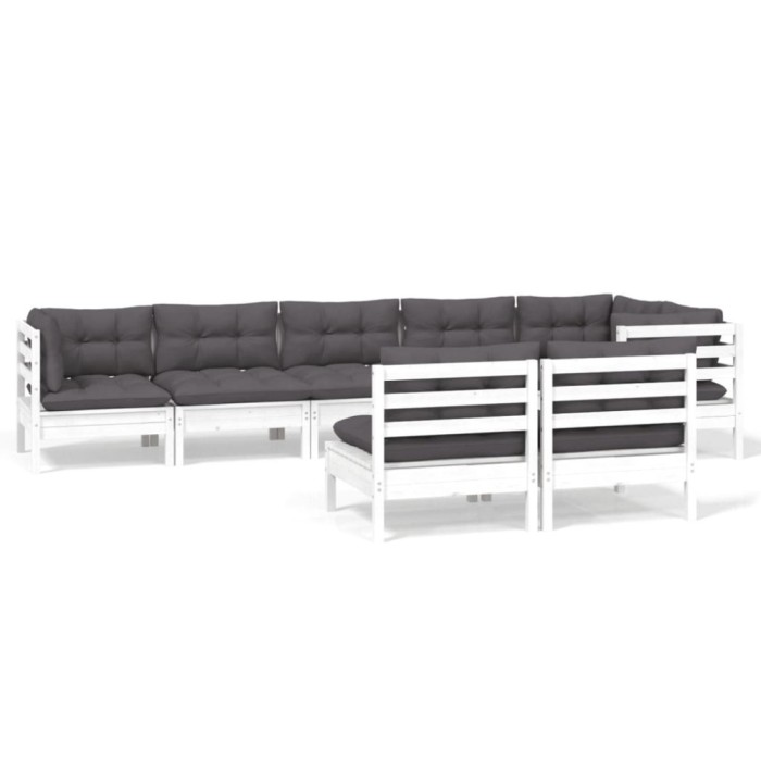 Set mobilier de gradina cu perne, 8 piese, alb, lemn masiv pin