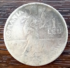(A114) MONEDA DIN ARGINT ROMANIA - 1 LEU 1910, SEMANATOAREA, REGELE CAROL I