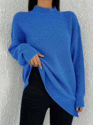 Pulover din tricot pe gat cu maneci largi, albastru, dama, Shein foto