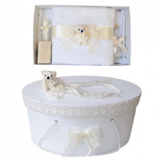 Set trusou botez si cutie trusou, Ursulet, dantela ivory, Denikos® 460