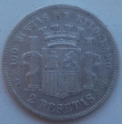 Moneda Spania - 2 Pesetas 1870 - SN M - An rar - Argint foto