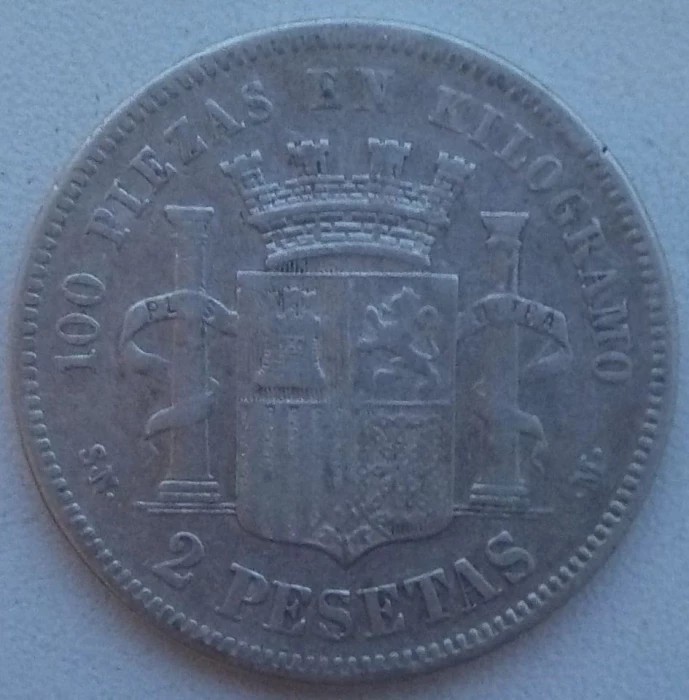 Moneda Spania - 2 Pesetas 1870 - SN M - An rar - Argint