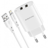 Incarcator Retea BOROFONE BN2, 2 x USB 2,1A + Cablu de date / incarcare Apple Lightning, Alb Blister