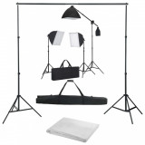 Kit foto studio,3 lumini softbox,suport fundal 2x3m,3 x bec 150W,macara si geanta transport inclusa + panza fundal Alb 2.4x3m, Dactylion