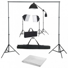 Kit foto studio,3 lumini softbox,suport fundal 2x3m,3 x bec 150W,macara si geanta transport inclusa + panza fundal Alb 2.4x3m