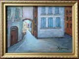 Tablou pictor rom&acirc;n Peisaj Citadin Curte Interioară pictura ulei 28x38cm