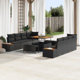Set 11 piese sofa gradina cu perne ratan poli acacia negru, set 3 piese masa gradina cu perne ratan poli acacia negru