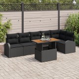 Set de canapele de gradina Gossi 7 piese cu perne negru poliratan, canapea de gradina Gossi cu 2 locuri, spatiu de depozitare si perne negru poliratan
