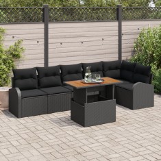Set de canapele de gradina Gossi 7 piese cu perne negru poliratan, canapea de gradina Gossi cu 2 locuri, spatiu de depozitare si perne negru poliratan