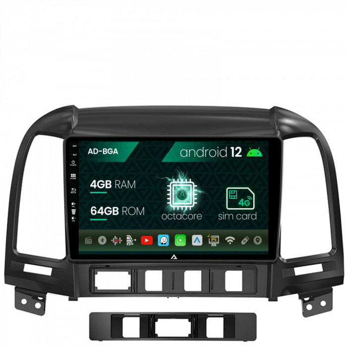 Navigatie Hyundai Santa Fe (2006-2012), Android 12, A-Octacore 4GB RAM + 64GB ROM, 9 Inch - AD-BGA9004+AD-BGRKIT210