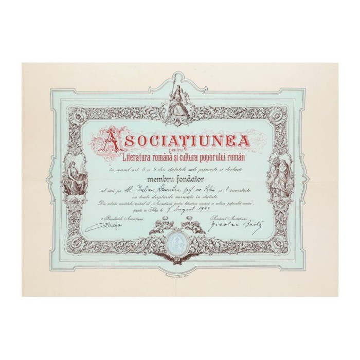 Diplomă de membru fondator, Asociațiunea pentru literatura rom&acirc;nă și cultura poporului rom&acirc;n
