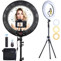 Lampa Circulara Make up Profesionala cu Display, Ring Light 46 CM si 480 LED- uri cu Lumina Rece/Calda Tip Inel, cu Trepied 200cm, Adaptor,2 Telecomen foto