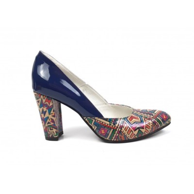 Pantofi dama eleganti din piele naturala bleumarin lac cu imprimeu, toc 9cm foto