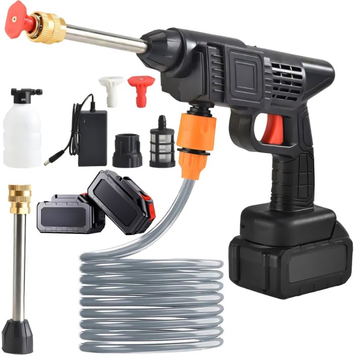Aparat de Spalat cu Presiune Portabil, RETOO TechPro, Tip Pistol, 40 BAR, 250L/h, cu 2 Acumulatori 68V, Furtun 5m cu Filtru, 3 Duze Interschimbabile s