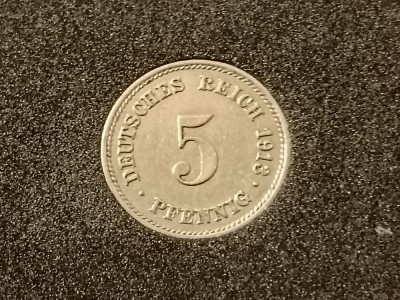 5 pfennig 1913 G, T=1.221.000 , stare UNC. Impreuna cu 10 pf 1913 G: 75 lei. foto