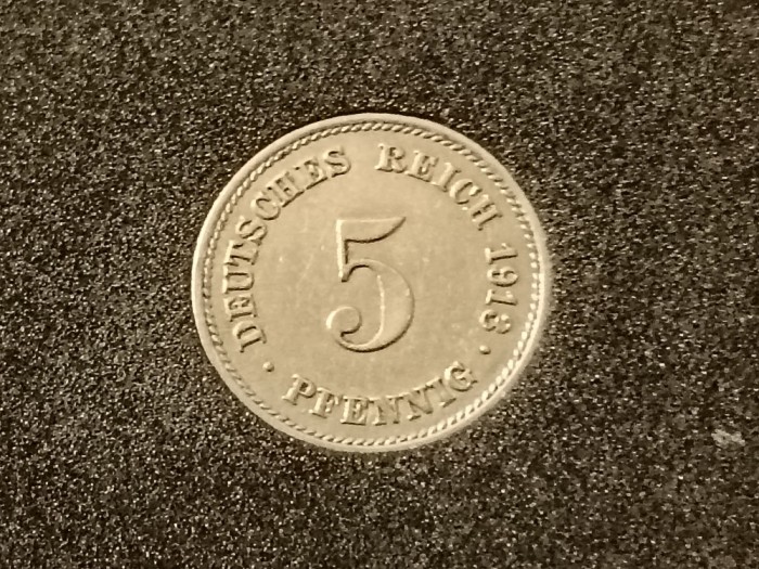 5 pfennig 1913 G, T=1.221.000 , stare UNC. Impreuna cu 10 pf 1913 G: 75 lei.