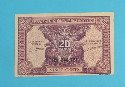 Indochina Franceza 20 Cents 1942 &amp;#039;Perioada guvernului Vichy&amp;#039; aUNC p#90 foto
