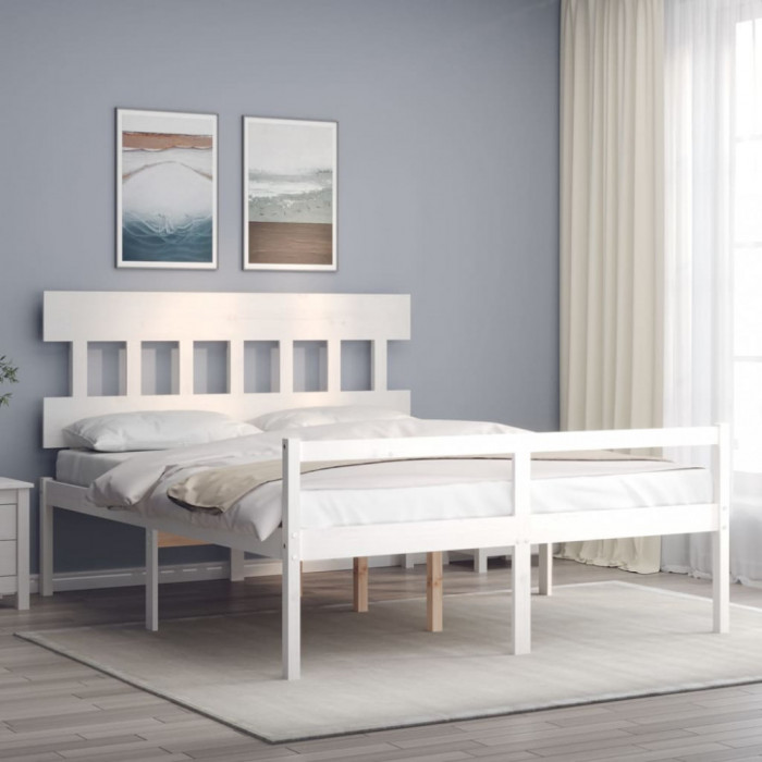 vidaXL Cadru de pat senior cu tăblie, 160x200 cm, alb, lemn masiv
