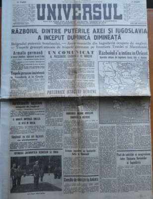 Ziarul Universul, 9 aprilie 1941, razboiul din Iugoslavia, teatrul Carabus foto