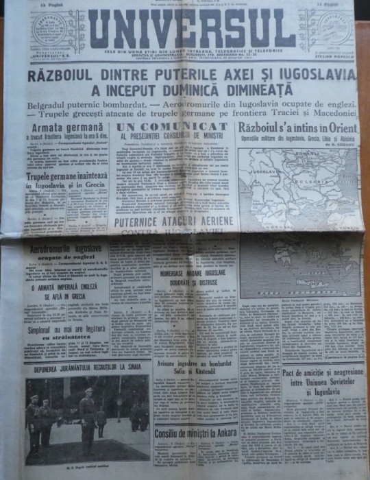 Ziarul Universul, 9 aprilie 1941, razboiul din Iugoslavia, teatrul Carabus