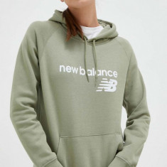 New Balance bluza femei, culoarea verde, cu glugă, cu imprimeu