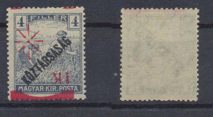 1919 Banat emisiunea Timisoara eroare 1 K / 4 fil sursarj rosu ranversat MNH