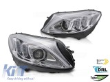 Set de faruri LED potrivit pentru Mercedes C-Class W205 2014-2018 cu baza cromata, stanga si dreapta, pentru modelul cu faruri halogen standard Perfor