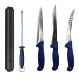 Cumpara ieftin Set profesional de macelarie, filetat, transat, injunghiat, dezosat, otel carbon, 3 cutite, masat pentru ascutit, suport magnetic