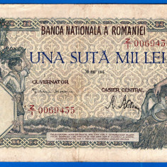 (11) BANCNOTA ROMANIA - 100.000 LEI 1946 (28 MAI 1946), FILIGRAN ORIZONTAL