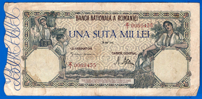 (11) BANCNOTA ROMANIA - 100.000 LEI 1946 (28 MAI 1946), FILIGRAN ORIZONTAL