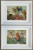 Set 2 Tablouri anii 40 Peisaje rustice de vară, pictură &icirc;n acuarele inramata 26x35cm, Acuarela, Realism