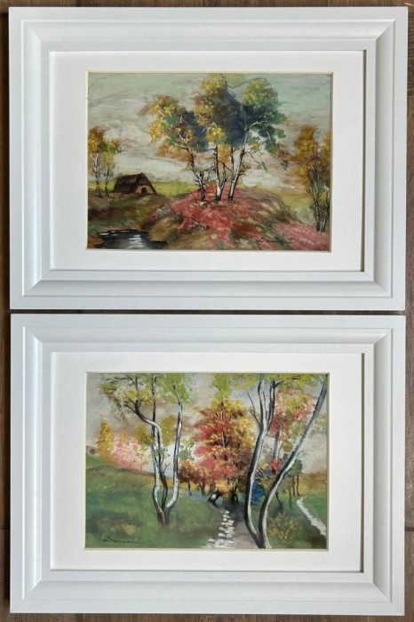 Set 2 Tablouri anii 40 Peisaje rustice de vară, pictură &icirc;n acuarele inramata 26x35cm