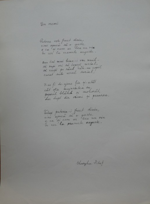 Manuscris de expozitie scris olograf de poetul Gheorghe Pitut, poezia Din vremi
