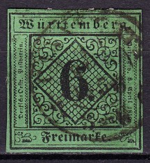 ✅ (S44) Germania veche - Wurttemberg 1851 &quot;Cifra in romb&quot; , Michel nr. 3 / verde-albastrui cota 40 Euro , stampilat