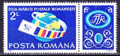 TSV$ - 1990 LP 1245 A ZIUA MARCII POSTALE ROMANESTI, CU VINIETA MNH/** LUX foto