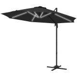 Outsunny Umbrelă de Soare Exterioară cu Lumini LED și Unghi Reglabil, Umbrelă de Grădină din Aluminiu și Poliester, &Oslash;3x2.5 m, Gri