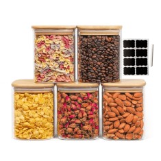 Set de 5 recipiente din sticlă borosilicată, cu capace din bambus Koken, depozitarea alimentelor - 5 Recipiente 0.8 L