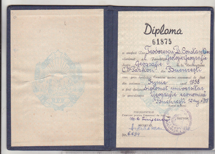 bnk div Diploma universitara geografie - 1958