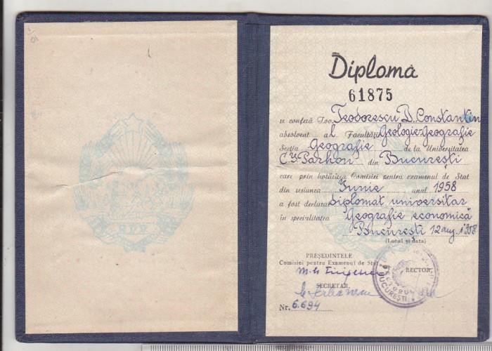 bnk div Diploma universitara geografie - 1958