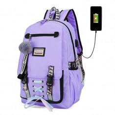 Ghiozdan Smart pentru copii impermeabil cu USB, Lacat anti-furt, Violet