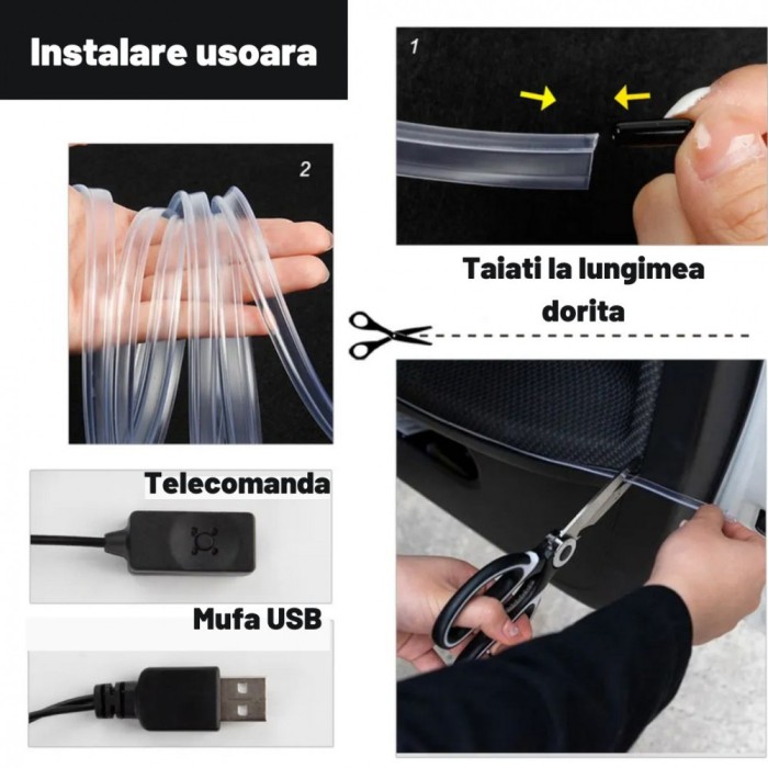 RGB LED лента за кола, USB връзка с кабелно дистанционно управление, 2 метра