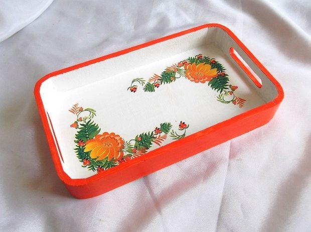 Tava lemn decorata cu flori portocalii 36290